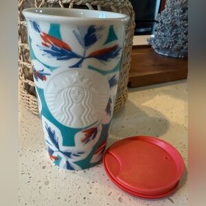 Ceramic Starbucks 2016 Travel Tumbler Floral Feathers Watercolor Teal Blue 12oz